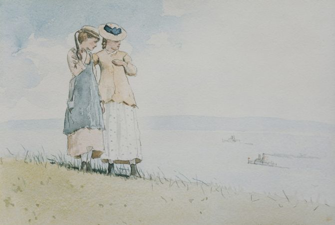Mary Virginia Terry's "Two Girls on Hillside" watercolor and pencil piece