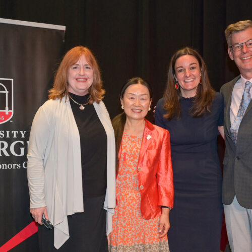 Meg Amstutz, left, dean of the Morehead Honors College, recognized Hyangsoon Yi, Erin Towery and Michael Terns for their contributions to Honors education.