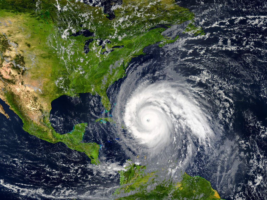 A hurricane seen from space approaching the East Coast of the United States