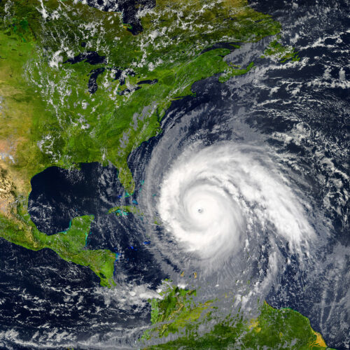 A hurricane seen from space approaching the East Coast of the United States