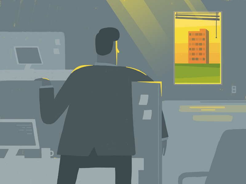 Graphic of man at desk looking out a window