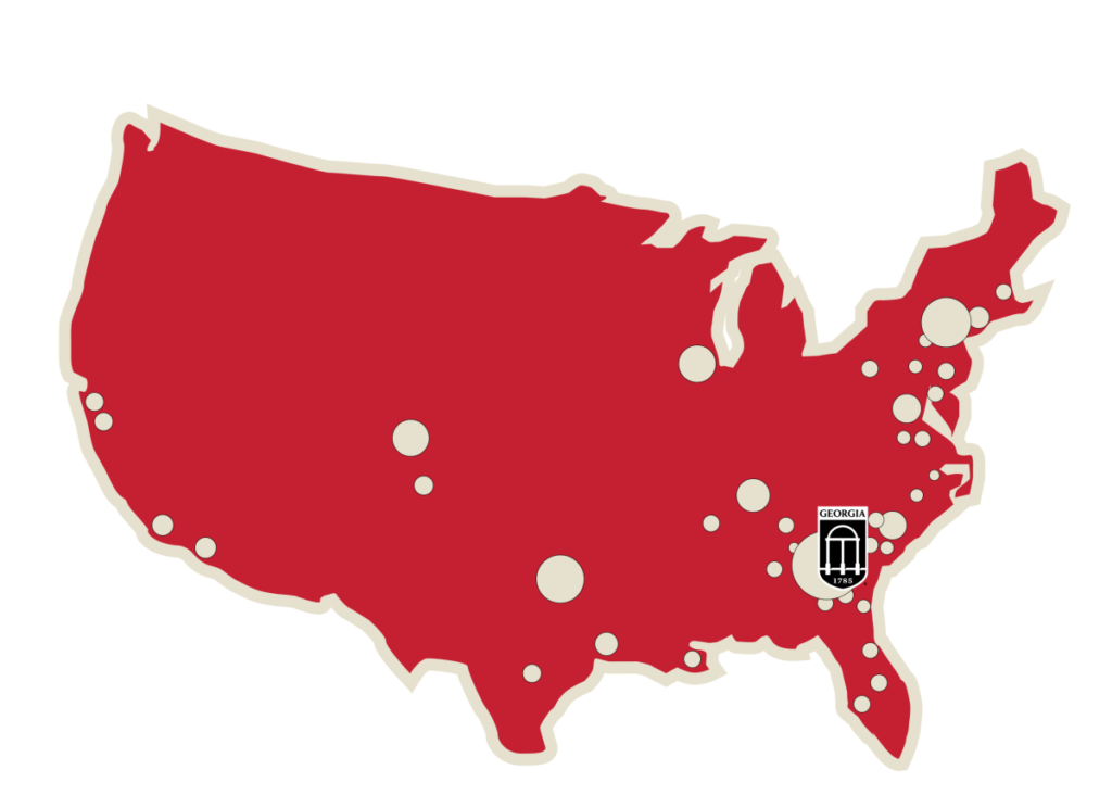 Red US Map graphic with white dots denoting placement of recent graduates. A table of these locations and organizations follows.