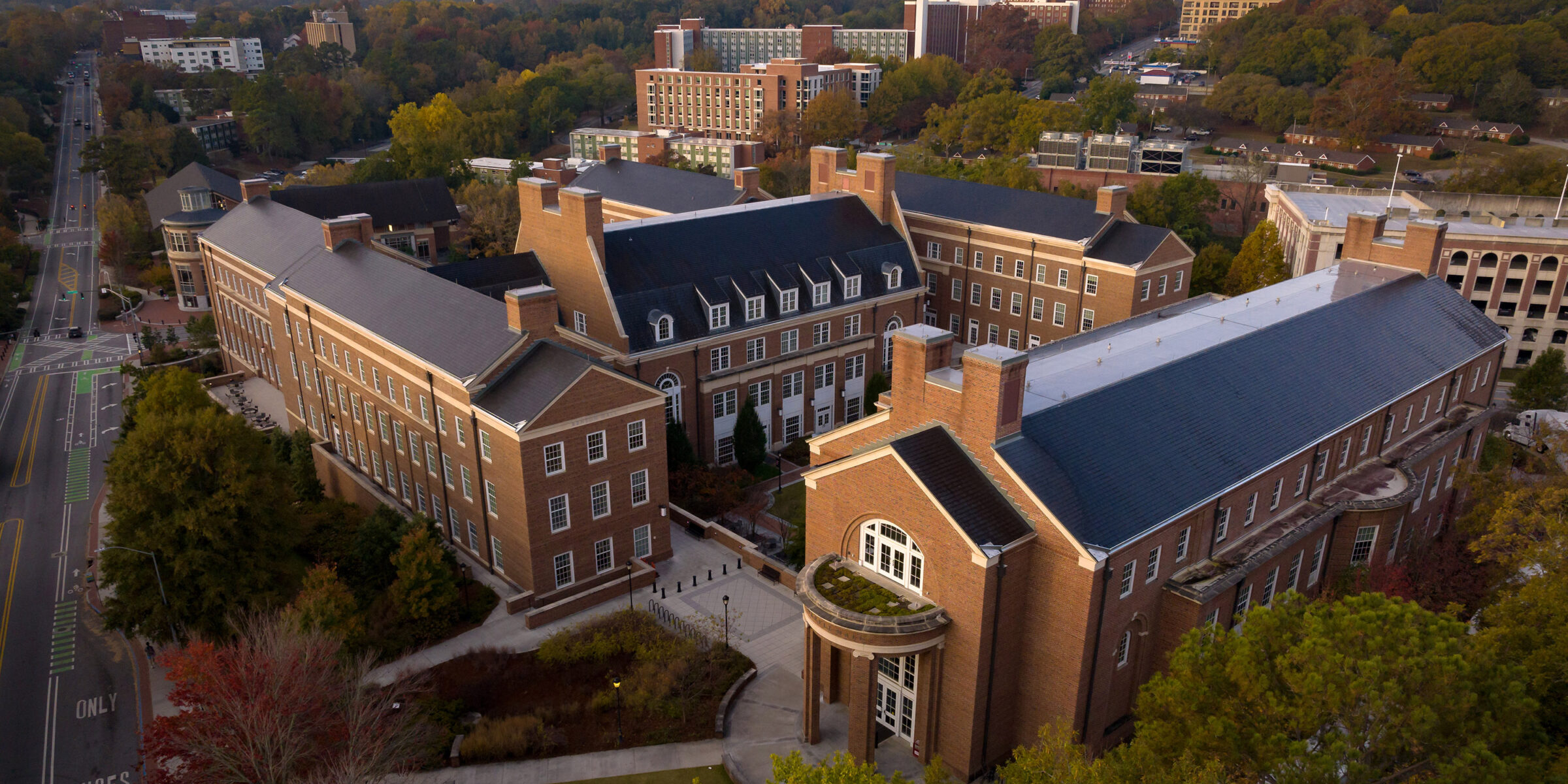 The Business Learning Community in the evening from above via drone.