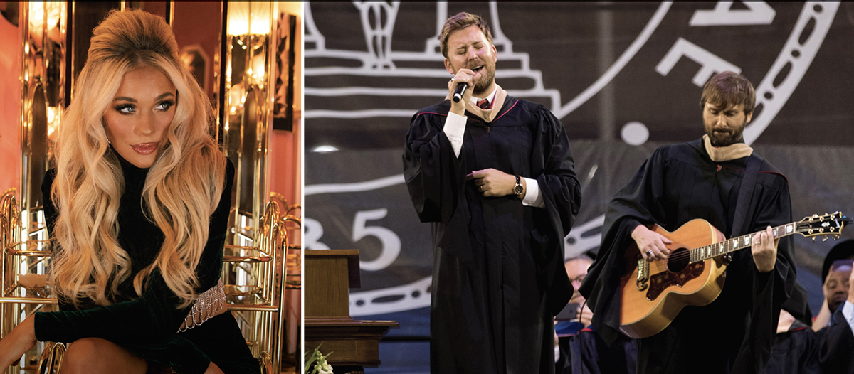 From left to right, Lady Antebellum headshot, a band performing at a graduation ceremony