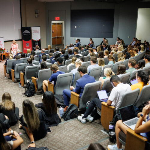 Students fill all of the seats in the auditorium at Richard B. Russell Building Special Collections Libraries
