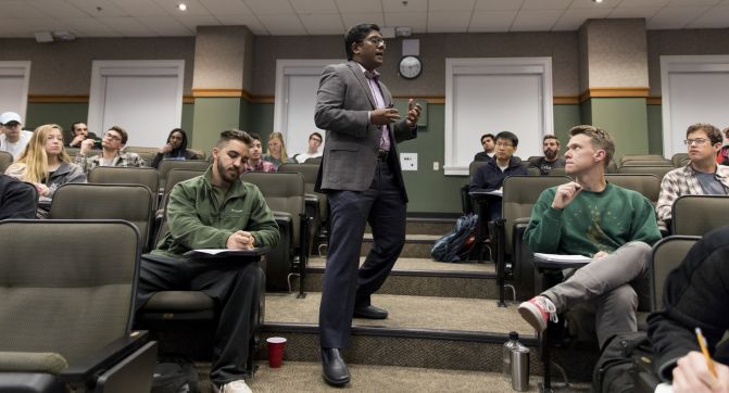 Santanu Chatterjee talks to students during one of this lectures.