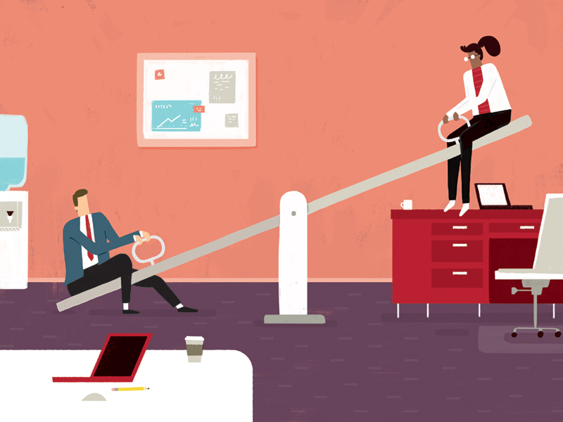 Graphic of an office with a seesaw