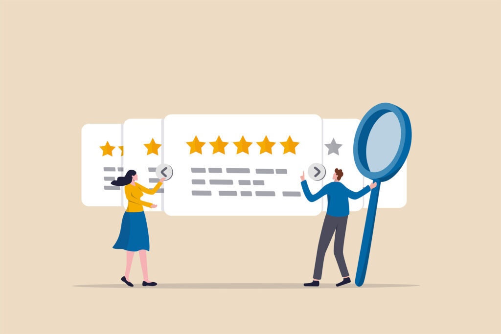 Illustration of man and women standing in front of rating stars with a magnifying glass