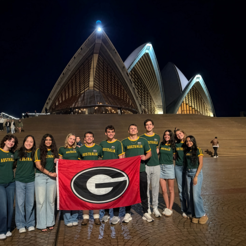 Students in the Inaugural class of the Terry College Australian Internship Program pose in front of the Sydney Opera House