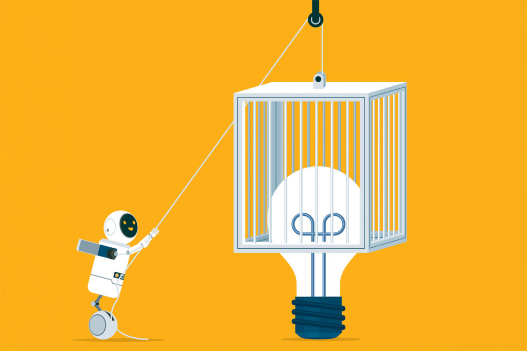 Illustration of a robot lowering a cage on a lightbulb.