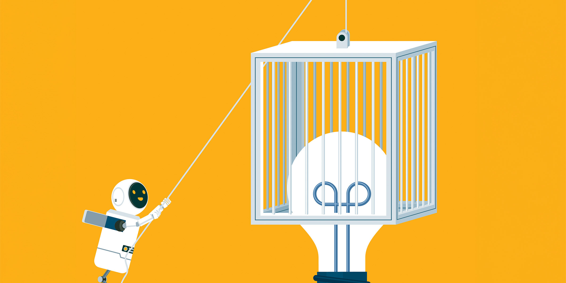 Illustration of a robot lowering a cage on a lightbulb.