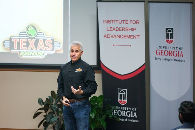 Texas Roadhouse president and CEO Scott Colosi speaks during a Terry Leadership Speaker Series event.
