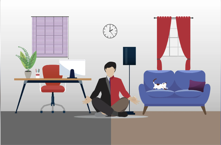 A illustration of a person in business clothes meditating in a room that is half an office and half a living room.