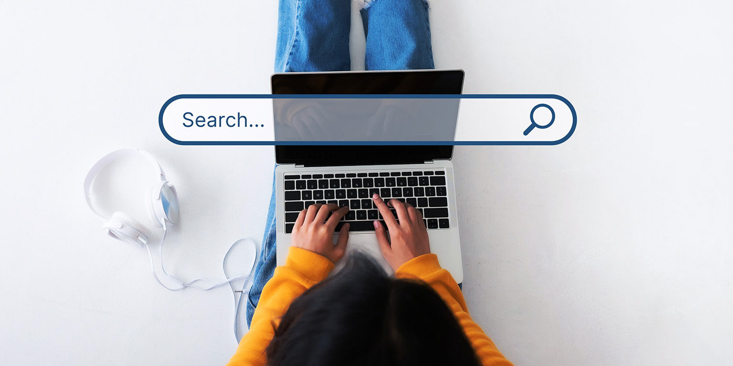 A woman sits on the ground with her laptop using a search engine. A search engine bar is projected into the center of the image.