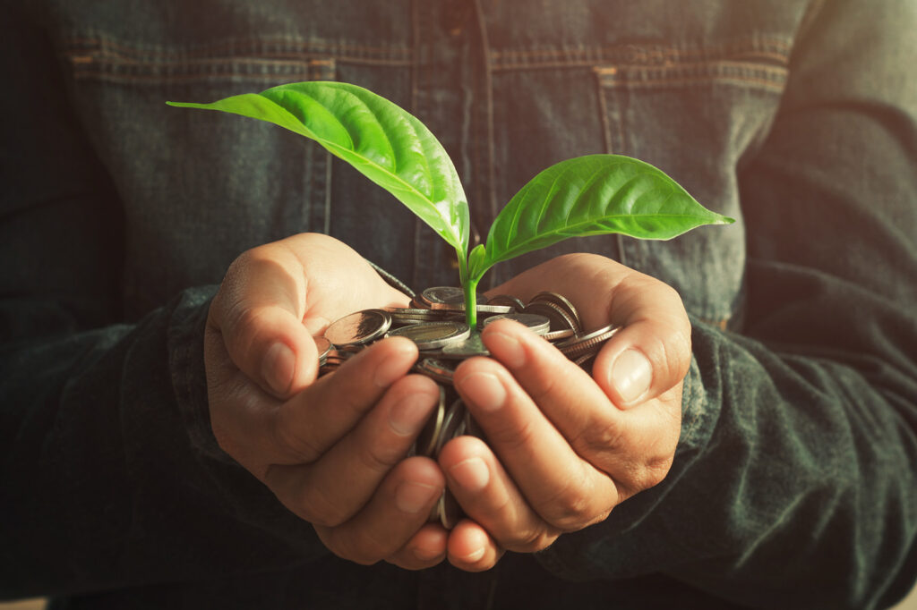 Hands holding a plant growing out of a handful of coins.