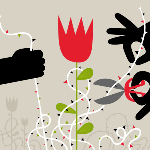 Illustration of hands cutting thorny vines away from a flower