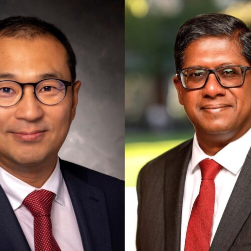 Portraits of Social Work Dean Philip Hong, left, and Interim Terry College Business Dean Santanu Chatterjee, right.