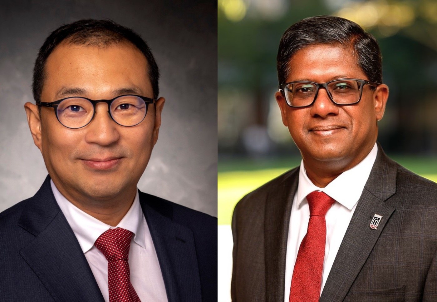 Portraits of Social Work Dean Philip Hong, left, and Interim Terry College Business Dean Santanu Chatterjee, right.
