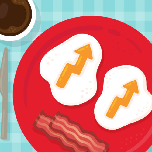 Ilustration of a breakfast plate with eggs with upward stock arrow yolks and bacon