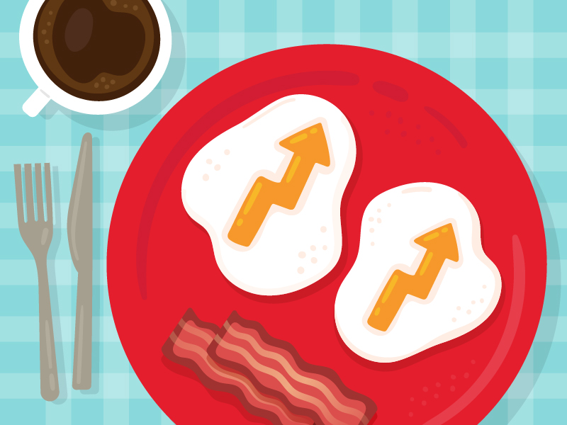 Ilustration of a breakfast plate with eggs with upward stock arrow yolks and bacon