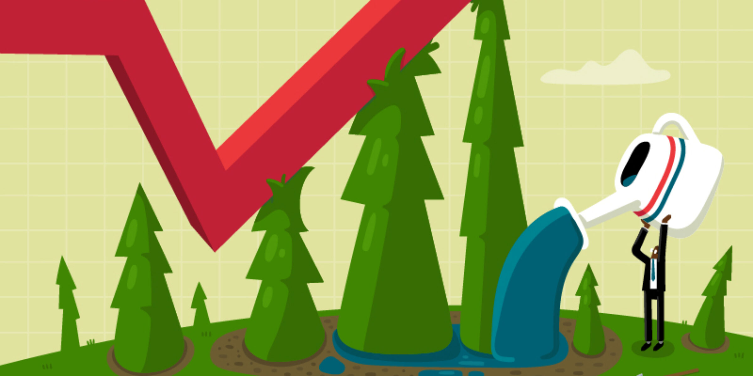 Illustration of a male executive watering a forest that is pushing up a stock price graph arrow into the sky