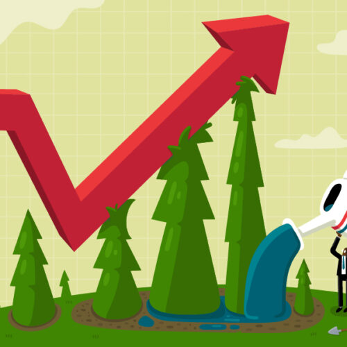 Illustration of a male executive watering a forest that is pushing up a stock price graph arrow into the sky