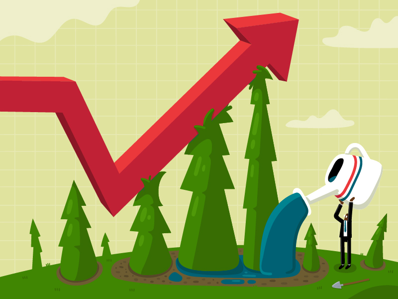 Illustration of a male executive watering a forest that is pushing up a stock price graph arrow into the sky