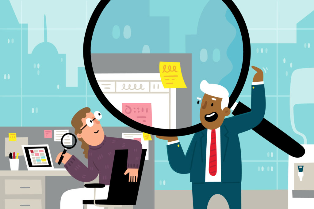 Illustration of a manager handing a young auditor a comically large magnifying glass. New research finds auditors work more thoroughly and efficiently when empowered to follow the numbers.