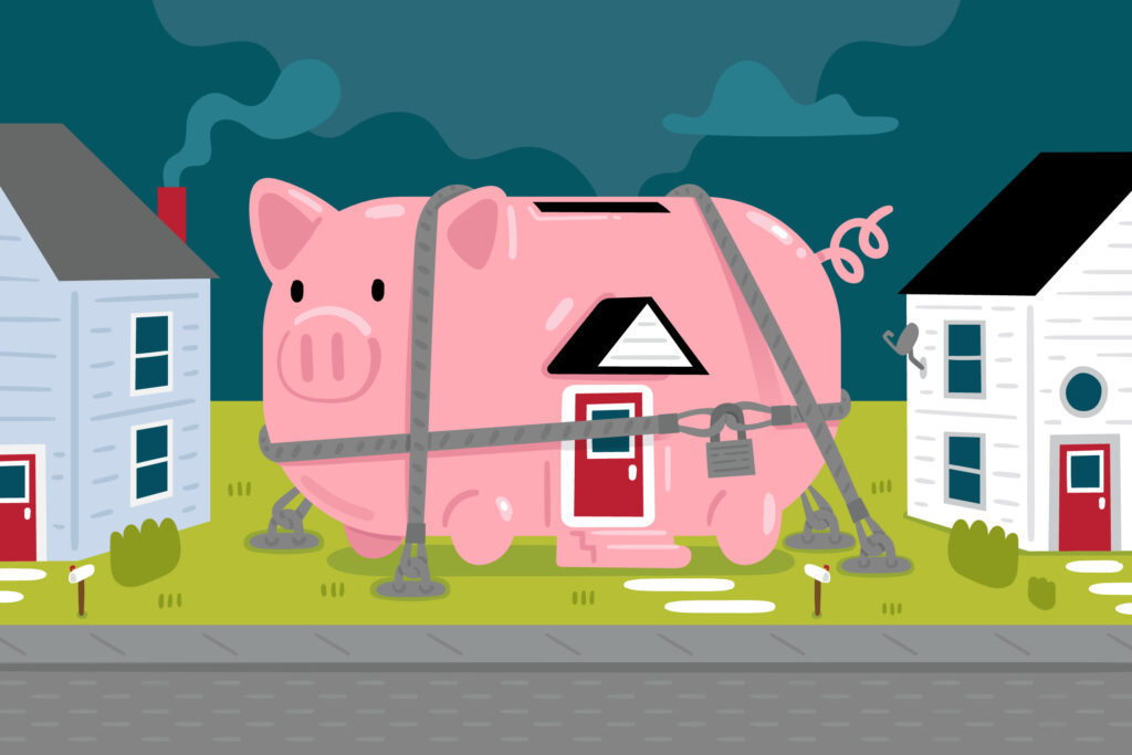 An illustration of a piggy bank shaped house is locked up with chains and pad locks.