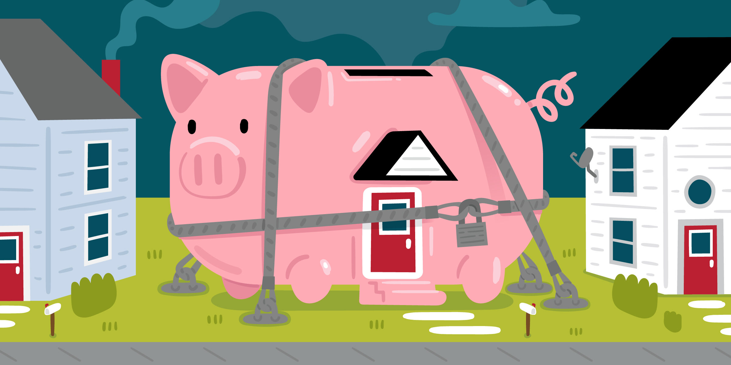 An illustration of a piggy bank shaped house is locked up with chains and pad locks.