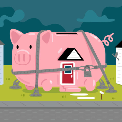 An illustration of a piggy bank shaped house is locked up with chains and pad locks.