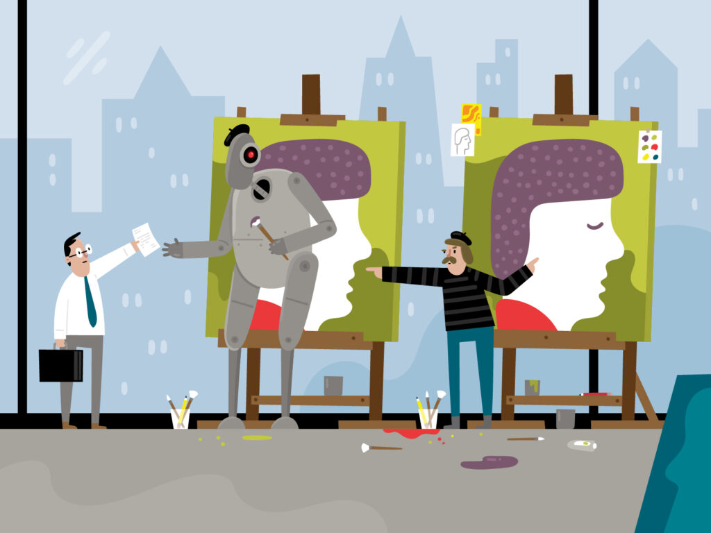 An illustration of a lawyer serving a lawsuit to a robot works on a painting set up on an easel.