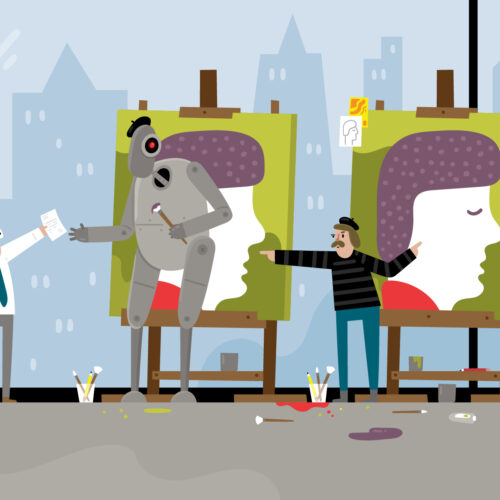 An illustration of a lawyer serving a lawsuit to a robot works on a painting set up on an easel.