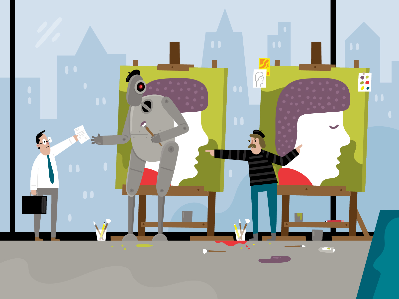 An illustration of a lawyer serving a lawsuit to a robot works on a painting set up on an easel.