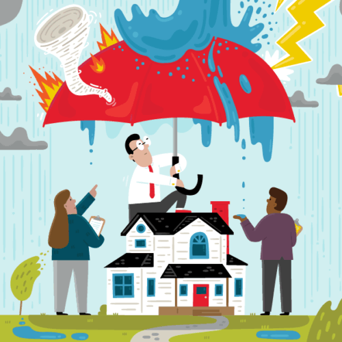 Illustration of insurance agents holding umbrella over a house during a storm.