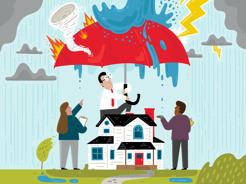 Illustration of insurance agents holding umbrella over a house during a storm.