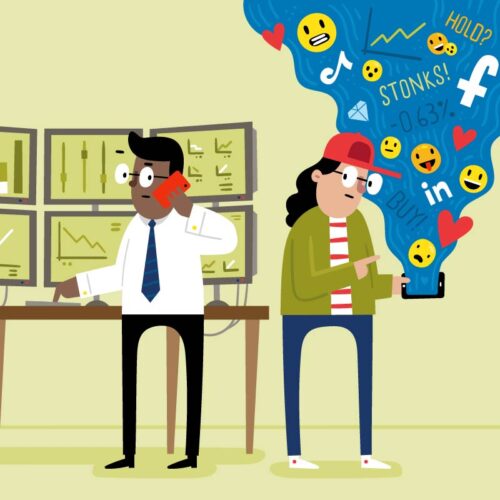 Illustration of a pro stock trader working at a larger computer and a novice receiving tips from their cell phone.