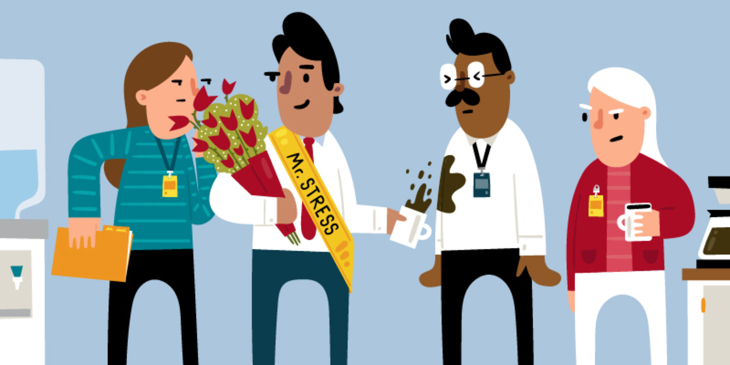 Illustration of colleagues sneering at their coworker who was just crowned "MR. Stressed" complete with sash.