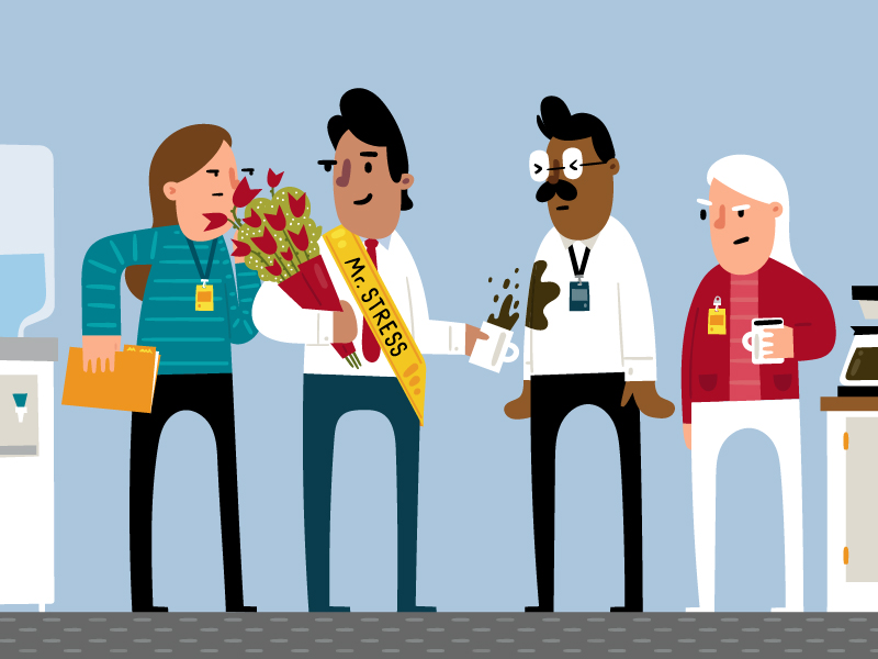 Illustration of colleagues sneering at their coworker who was just crowned "MR. Stressed" complete with sash.
