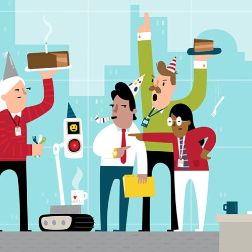 Illustration of angry coworkers reacting poorly to the arrival of a robot to an office birthday party