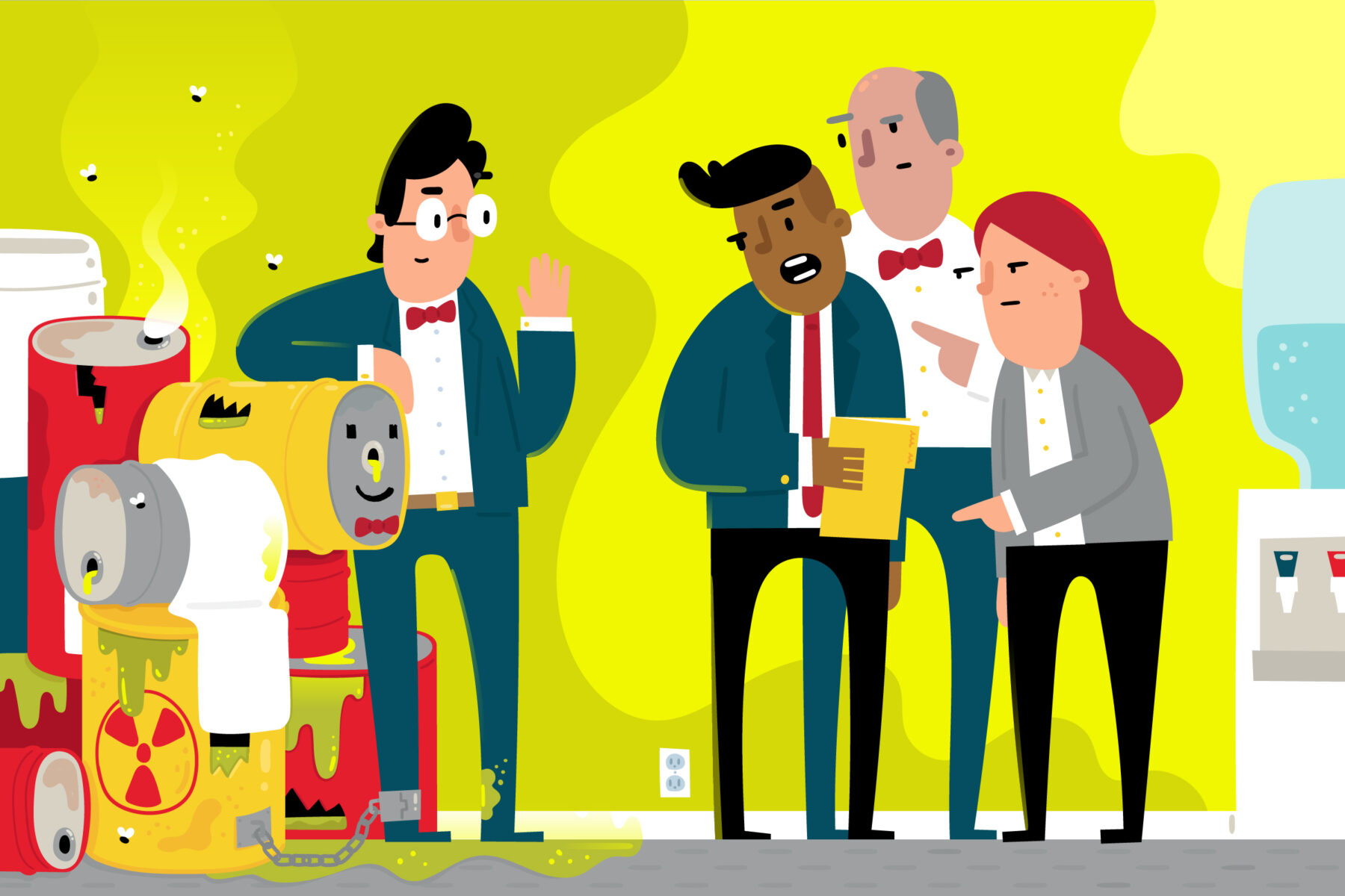 An male executive tries to hide a toxic waste barrel under his coat while his colleagues look at him with disgust on the elevator. New research shows CEOs whose firms face EPA enforcement actions become "toxic" in the executive labor market, leading to job loss and a significant drop in corporate board seats long after they leave.