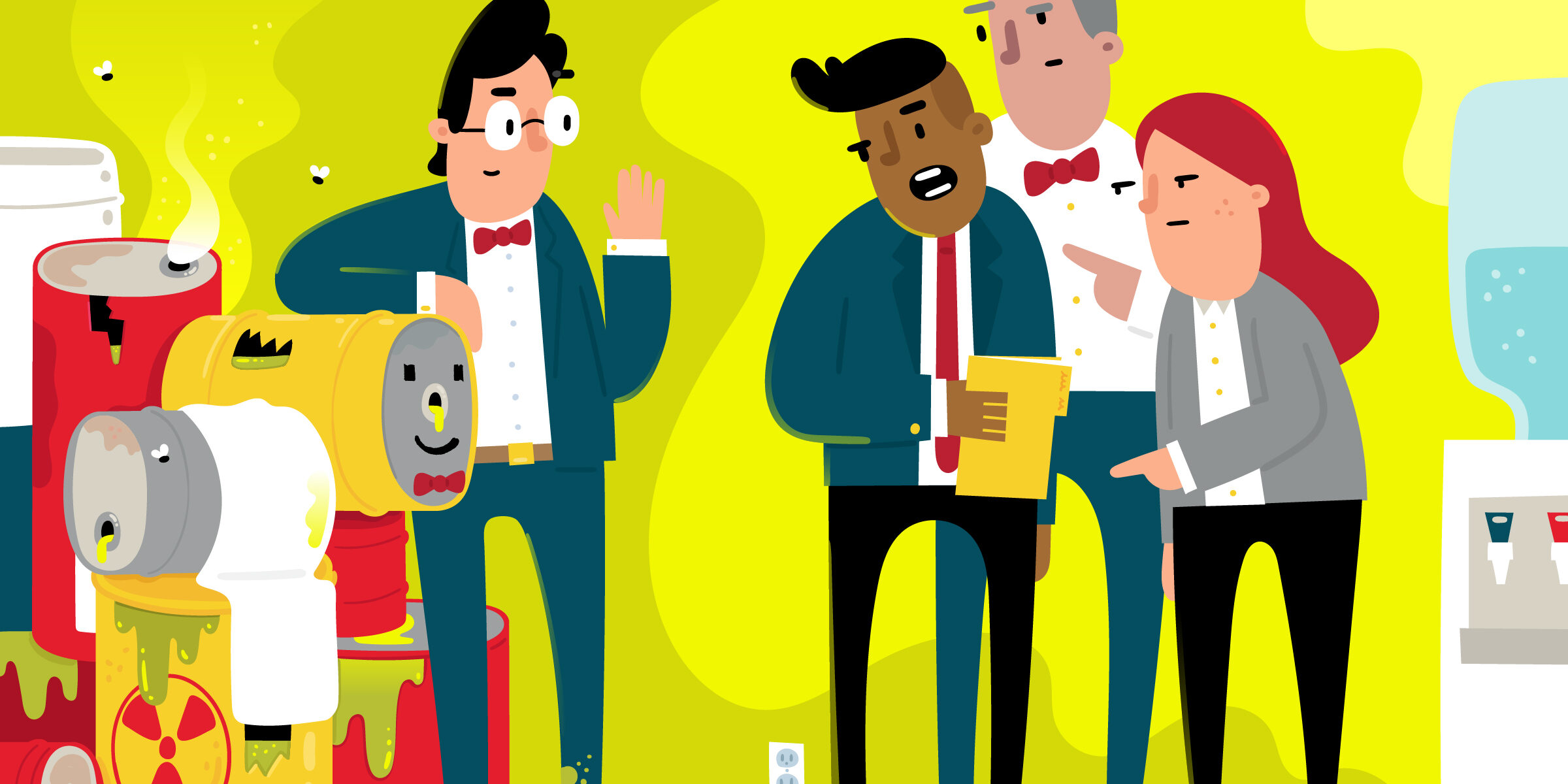 An male executive tries to hide a toxic waste barrel under his coat while his colleagues look at him with disgust on the elevator. New research shows CEOs whose firms face EPA enforcement actions become "toxic" in the executive labor market, leading to job loss and a significant drop in corporate board seats long after they leave.