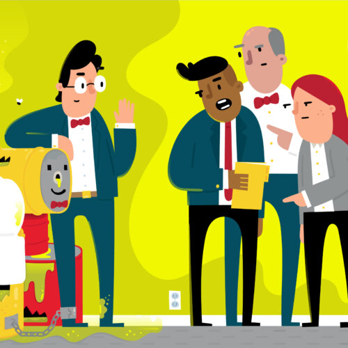 An male executive tries to hide a toxic waste barrel under his coat while his colleagues look at him with disgust on the elevator. New research shows CEOs whose firms face EPA enforcement actions become "toxic" in the executive labor market, leading to job loss and a significant drop in corporate board seats long after they leave.