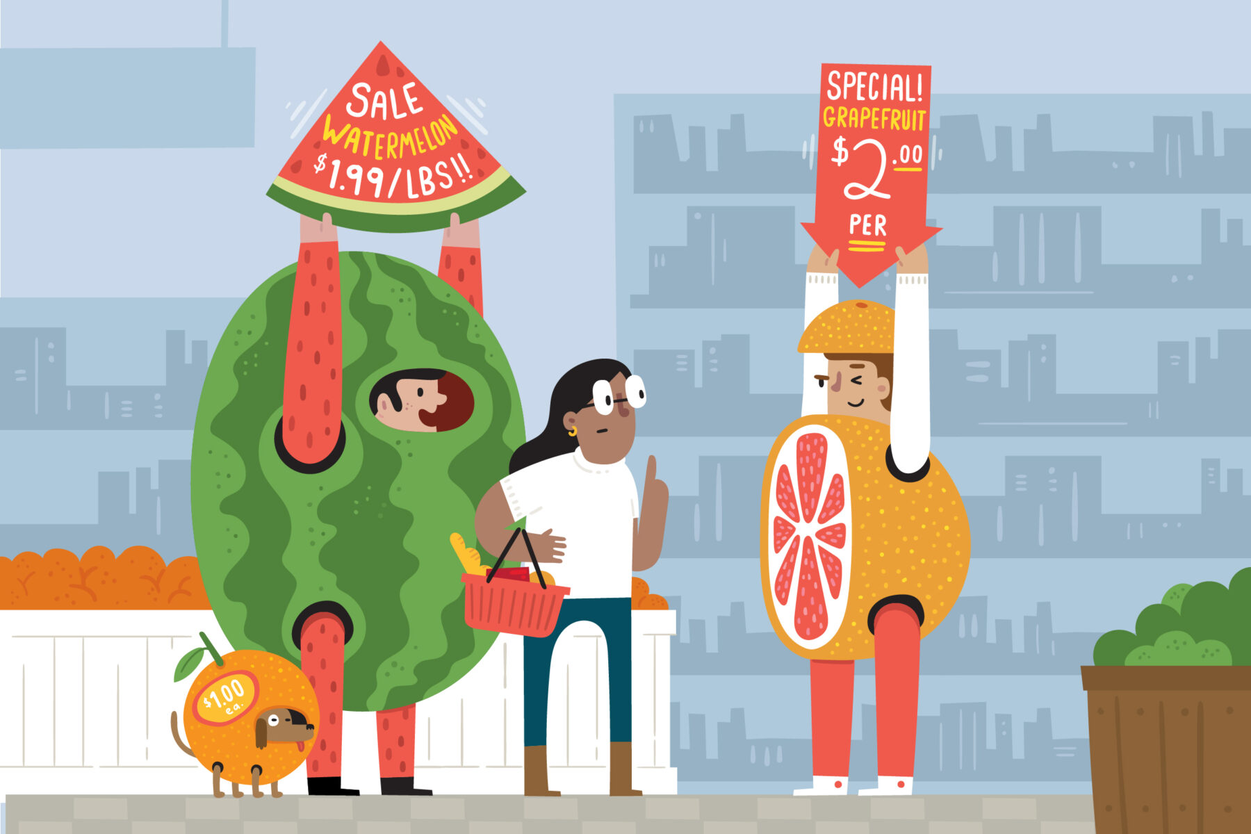 An illustration of a person dressed as watermelon holding a 1.99 per pound sign and a man dressed like a grapefruit with a sign that says $2 a piece vie for attention of a shopper in the produce aisle. Research shows perception of grocery prices changes based on the size of the time and how the price is listed.