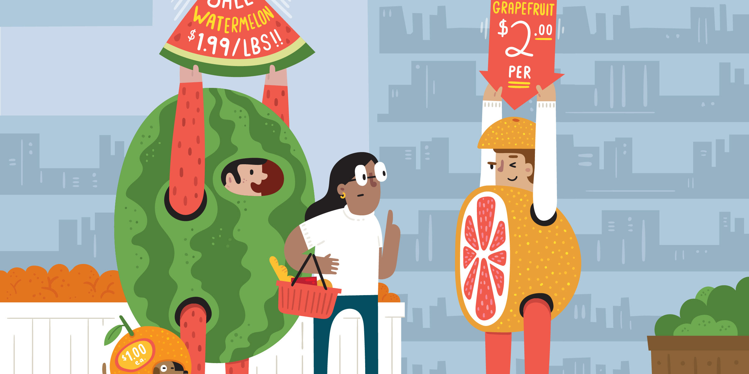 An illustration of a person dressed as watermelon holding a 1.99 per pound sign and a man dressed like a grapefruit with a sign that says $2 a piece vie for attention of a shopper in the produce aisle. Research shows perception of grocery prices changes based on the size of the time and how the price is listed.