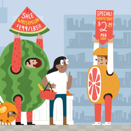 An illustration of a person dressed as watermelon holding a 1.99 per pound sign and a man dressed like a grapefruit with a sign that says $2 a piece vie for attention of a shopper in the produce aisle. Research shows perception of grocery prices changes based on the size of the time and how the price is listed.