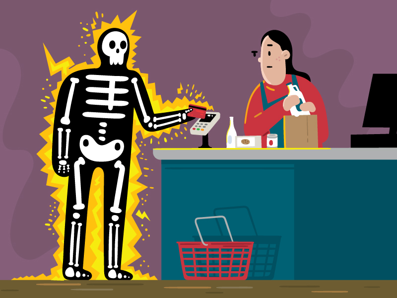 A shopper being electrocuted at the grocery store check out counter after inserting his credit hard into the reader
