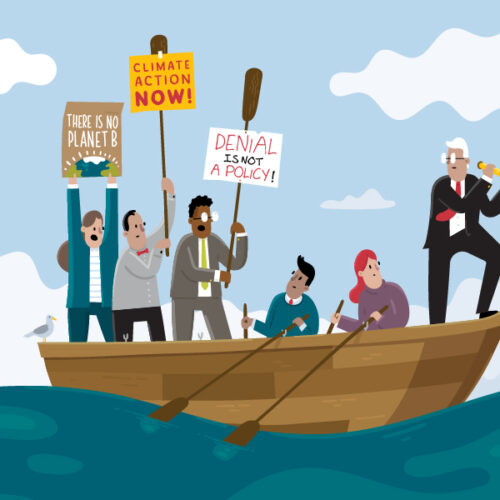 Shareholders holding climate change protest signs yelling at a worried-looking executive as he stands at the bow of a rowboat.