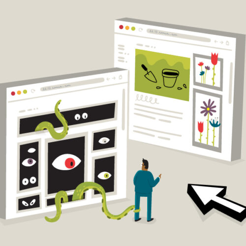 Illustration of a man being blocked from an internet article featuring gardening content by an internet browsing window featuring ominous eyes and tentacles