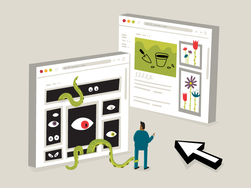 Illustration of a man being blocked from an internet article featuring gardening content by an internet browsing window featuring ominous eyes and tentacles